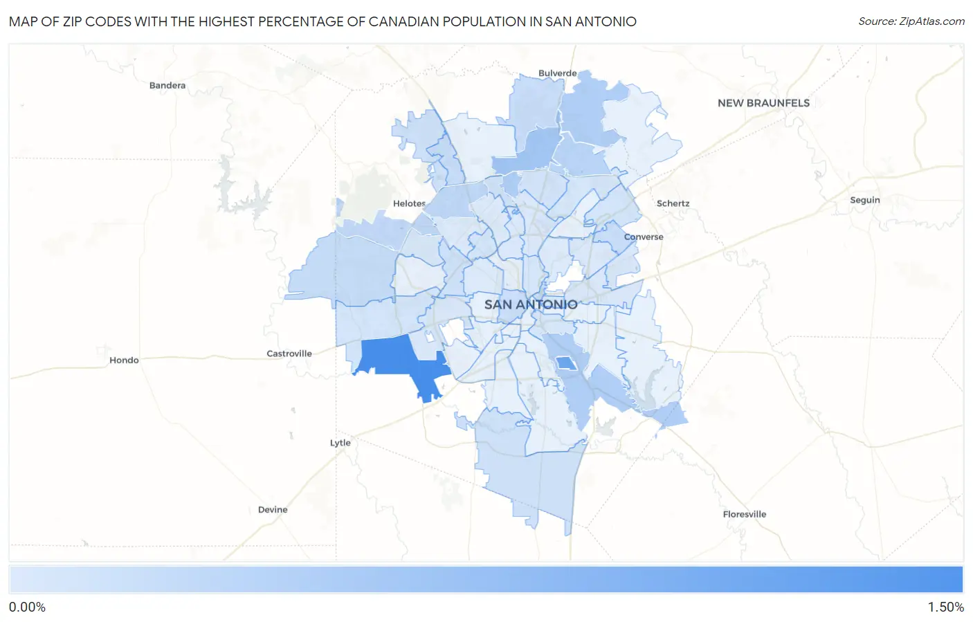 Zip Codes with the Highest Percentage of Canadian Population in San Antonio Map