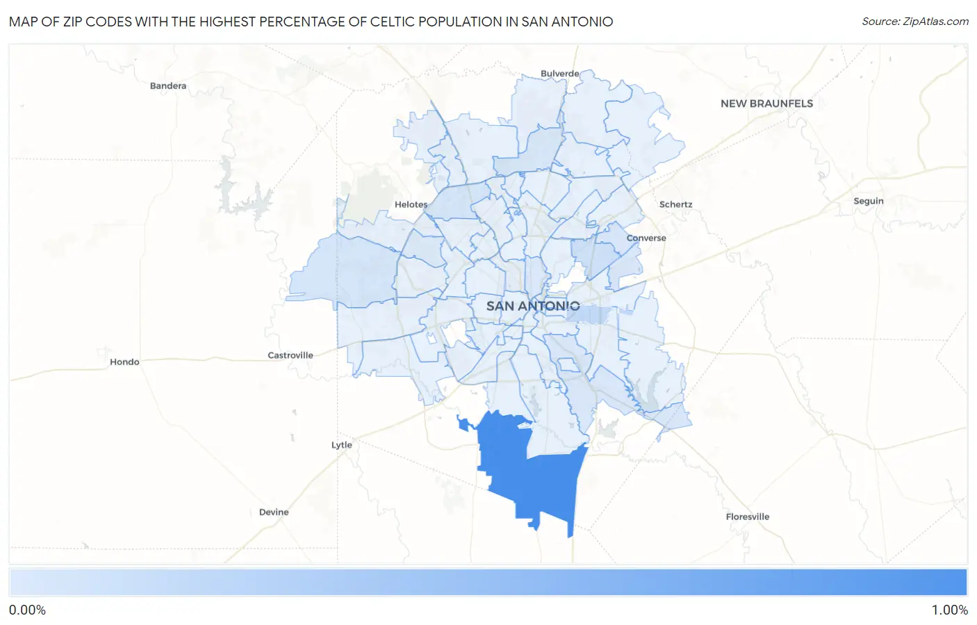 Zip Codes with the Highest Percentage of Celtic Population in San Antonio Map