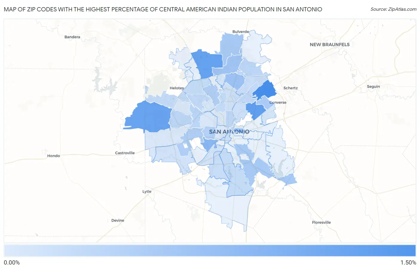 Zip Codes with the Highest Percentage of Central American Indian Population in San Antonio Map