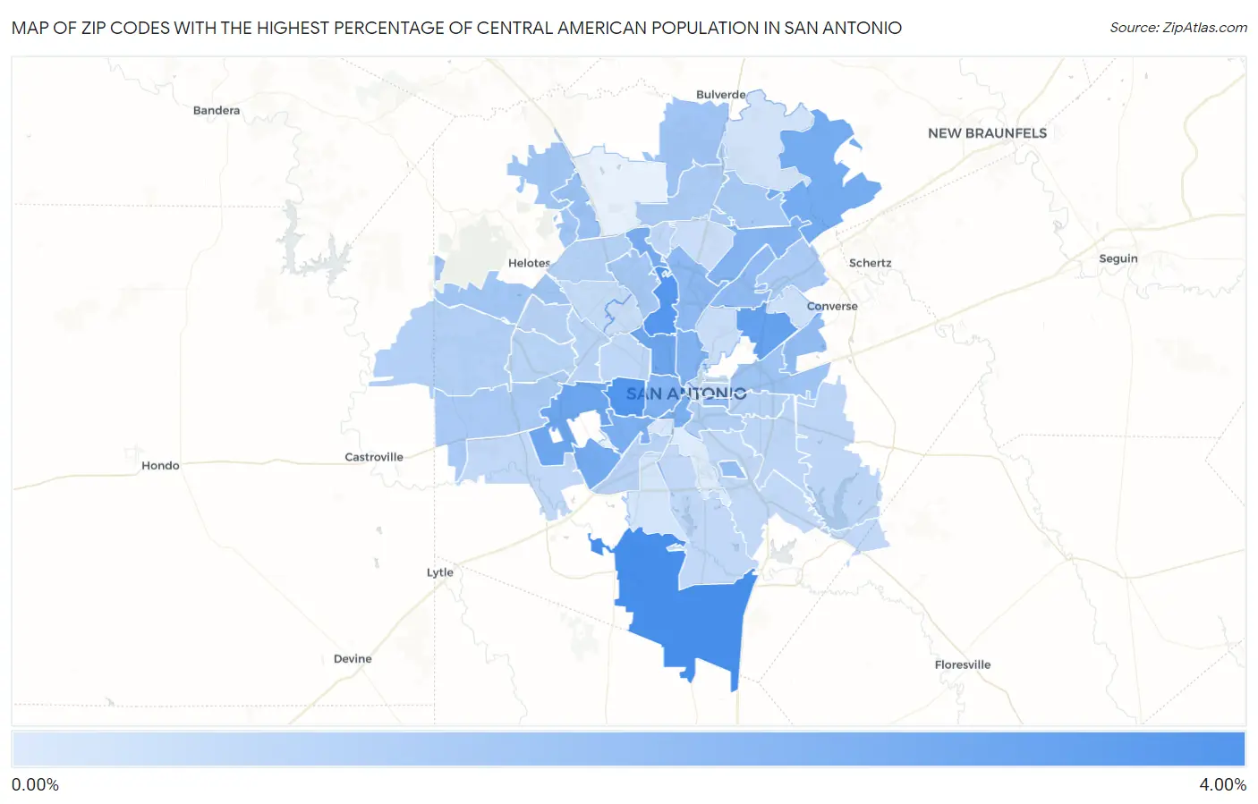 Zip Codes with the Highest Percentage of Central American Population in San Antonio Map