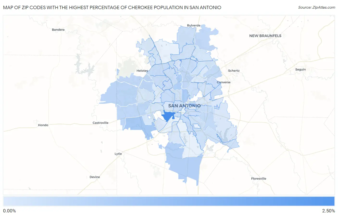 Zip Codes with the Highest Percentage of Cherokee Population in San Antonio Map