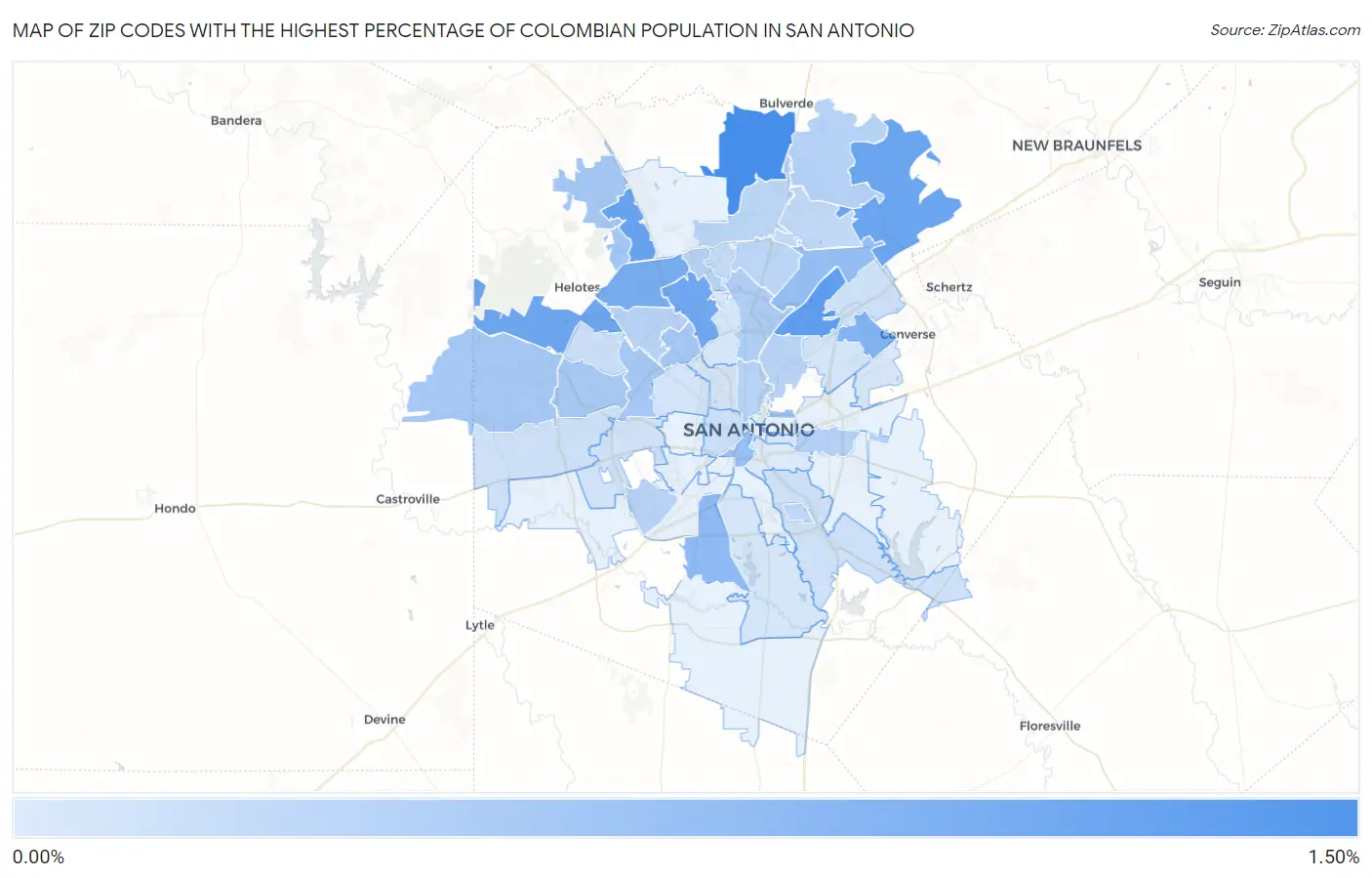 Zip Codes with the Highest Percentage of Colombian Population in San Antonio Map