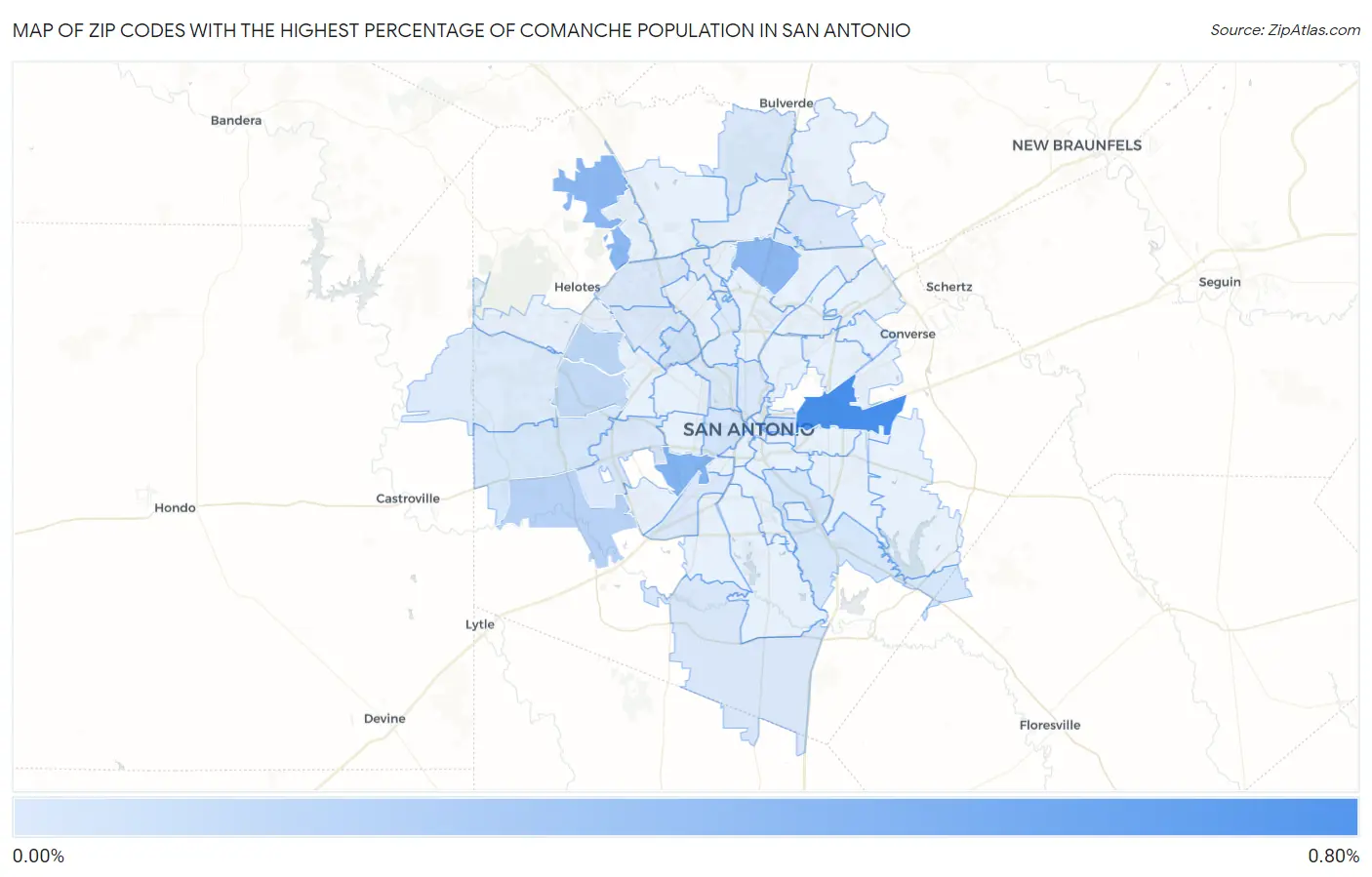 Zip Codes with the Highest Percentage of Comanche Population in San Antonio Map