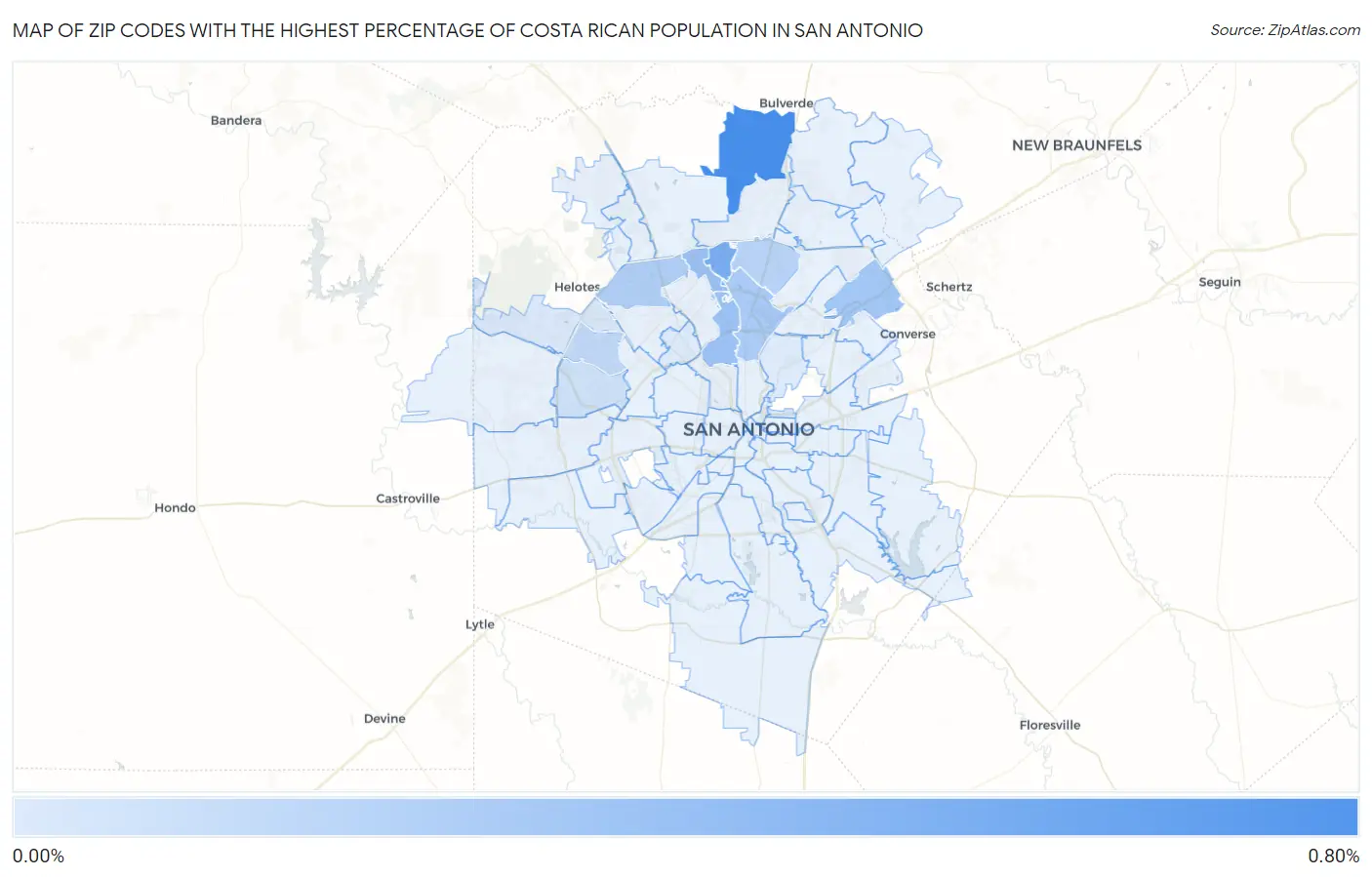 Zip Codes with the Highest Percentage of Costa Rican Population in San Antonio Map
