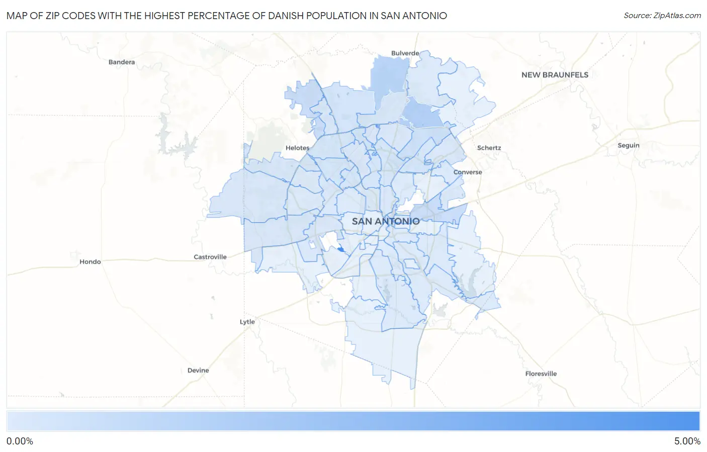 Zip Codes with the Highest Percentage of Danish Population in San Antonio Map