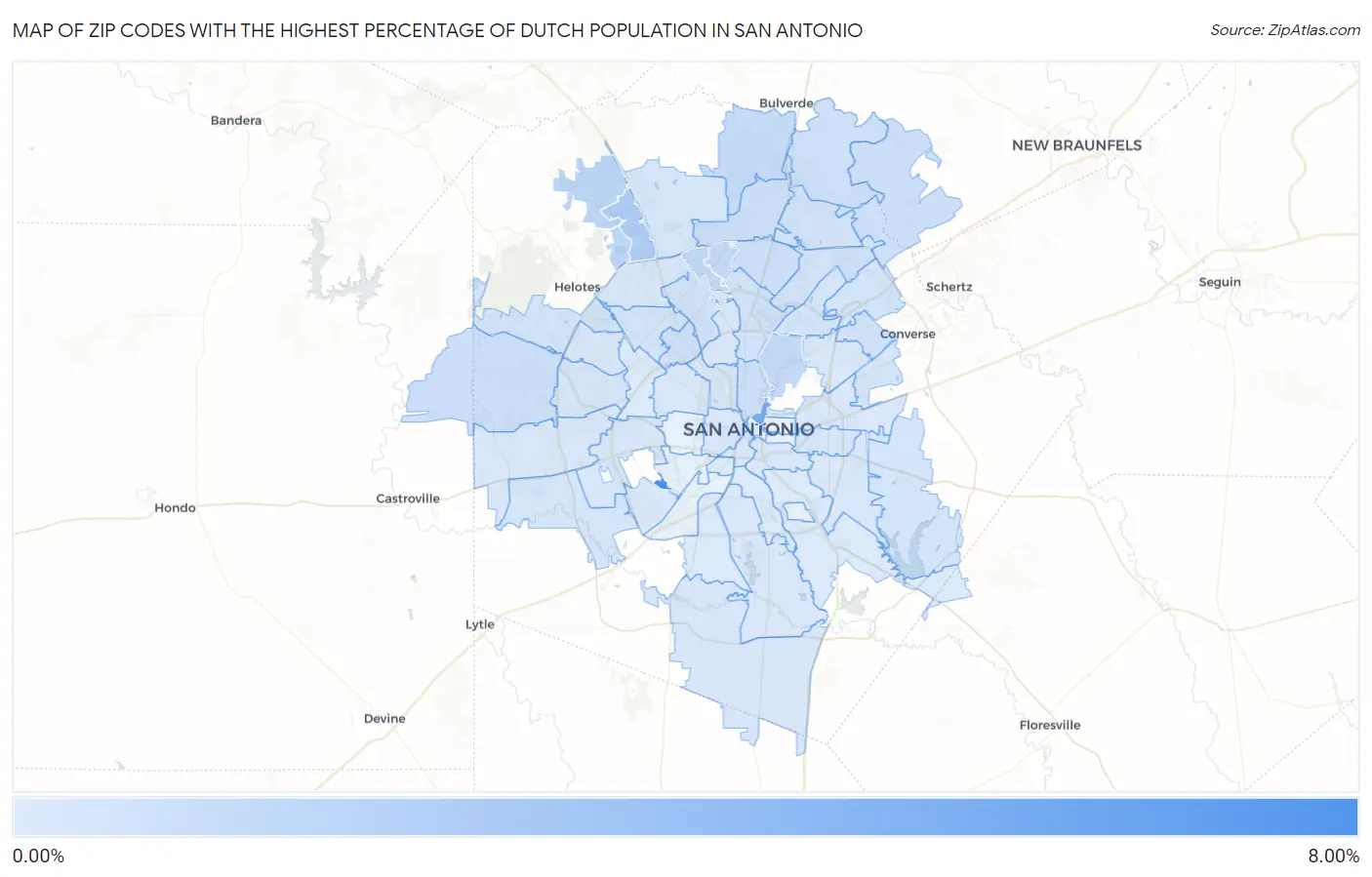 Zip Codes with the Highest Percentage of Dutch Population in San Antonio Map