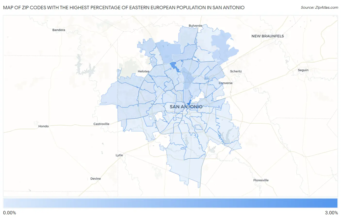 Zip Codes with the Highest Percentage of Eastern European Population in San Antonio Map