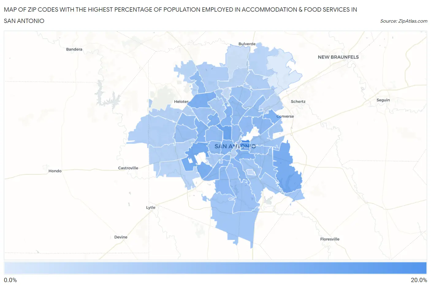 Zip Codes with the Highest Percentage of Population Employed in Accommodation & Food Services in San Antonio Map