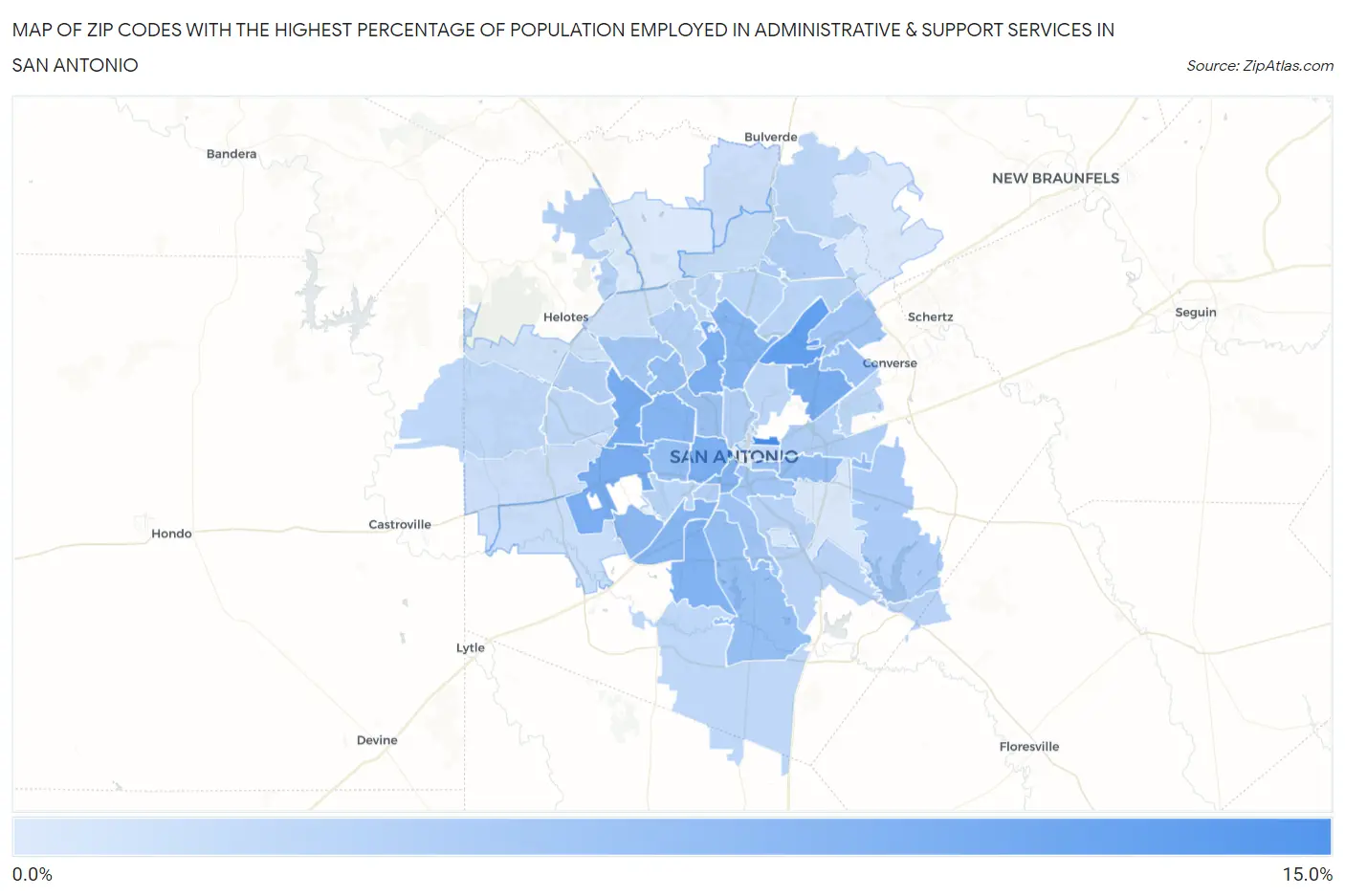 Zip Codes with the Highest Percentage of Population Employed in Administrative & Support Services in San Antonio Map