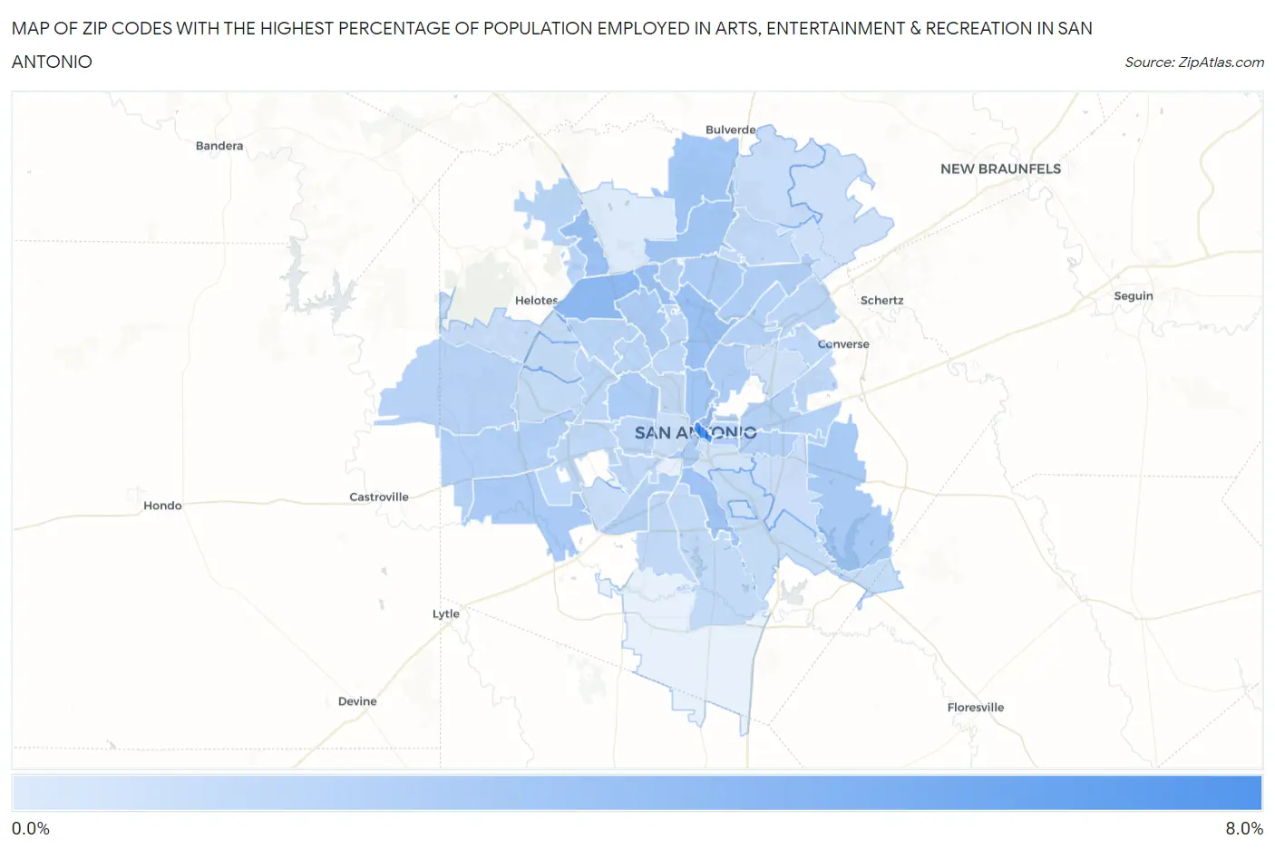 Zip Codes with the Highest Percentage of Population Employed in Arts, Entertainment & Recreation in San Antonio Map