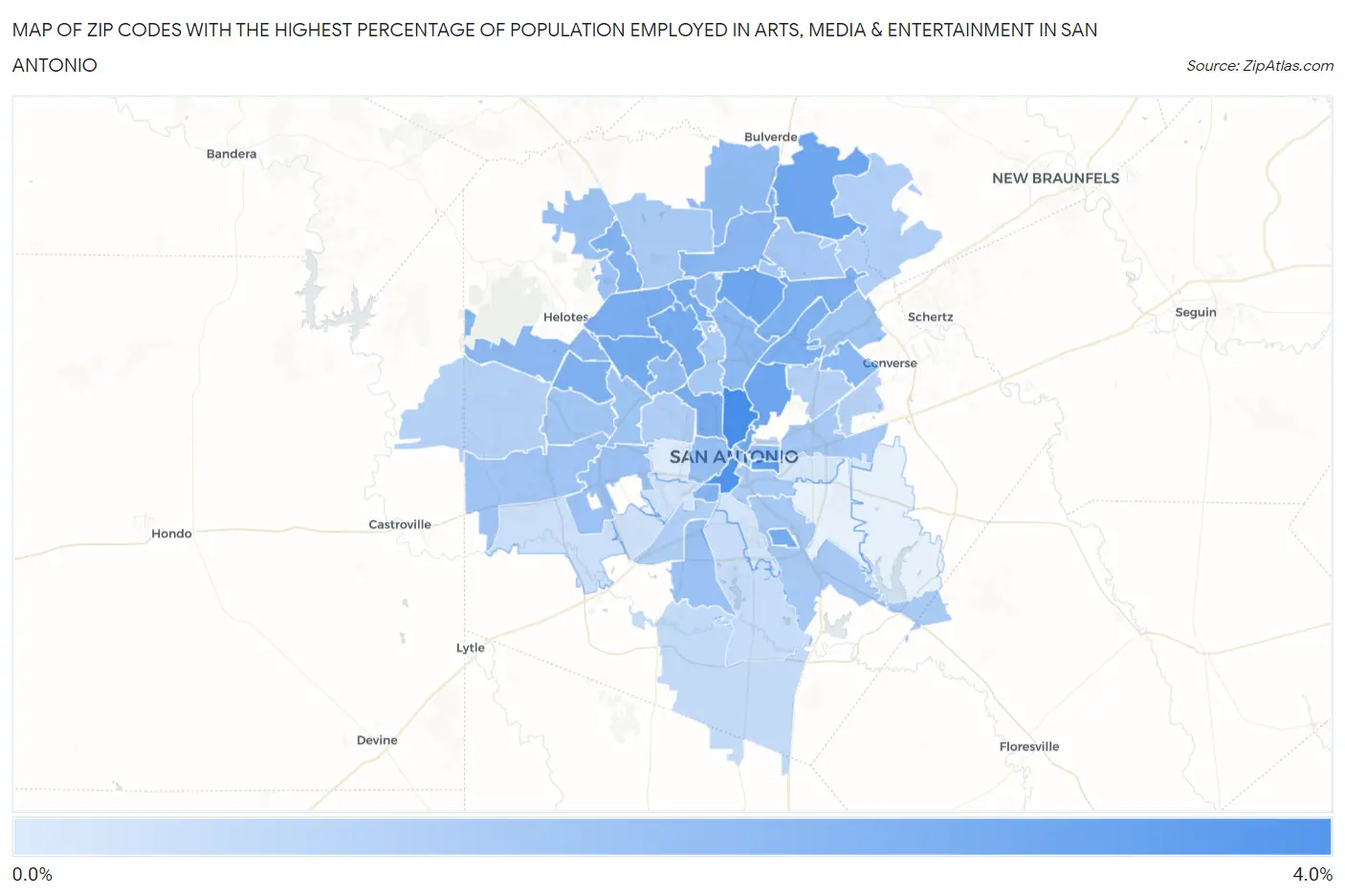 Zip Codes with the Highest Percentage of Population Employed in Arts, Media & Entertainment in San Antonio Map