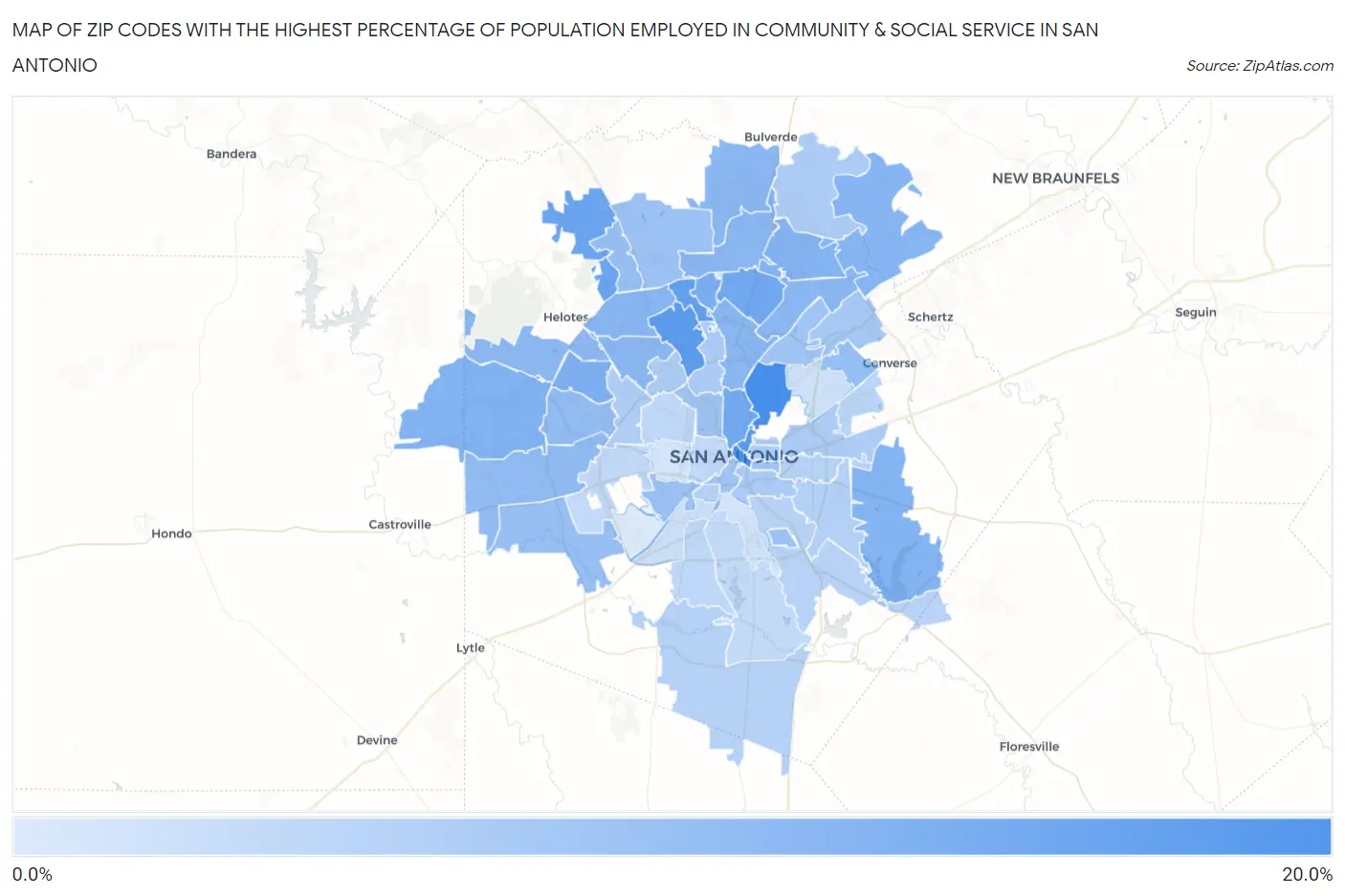 Zip Codes with the Highest Percentage of Population Employed in Community & Social Service  in San Antonio Map