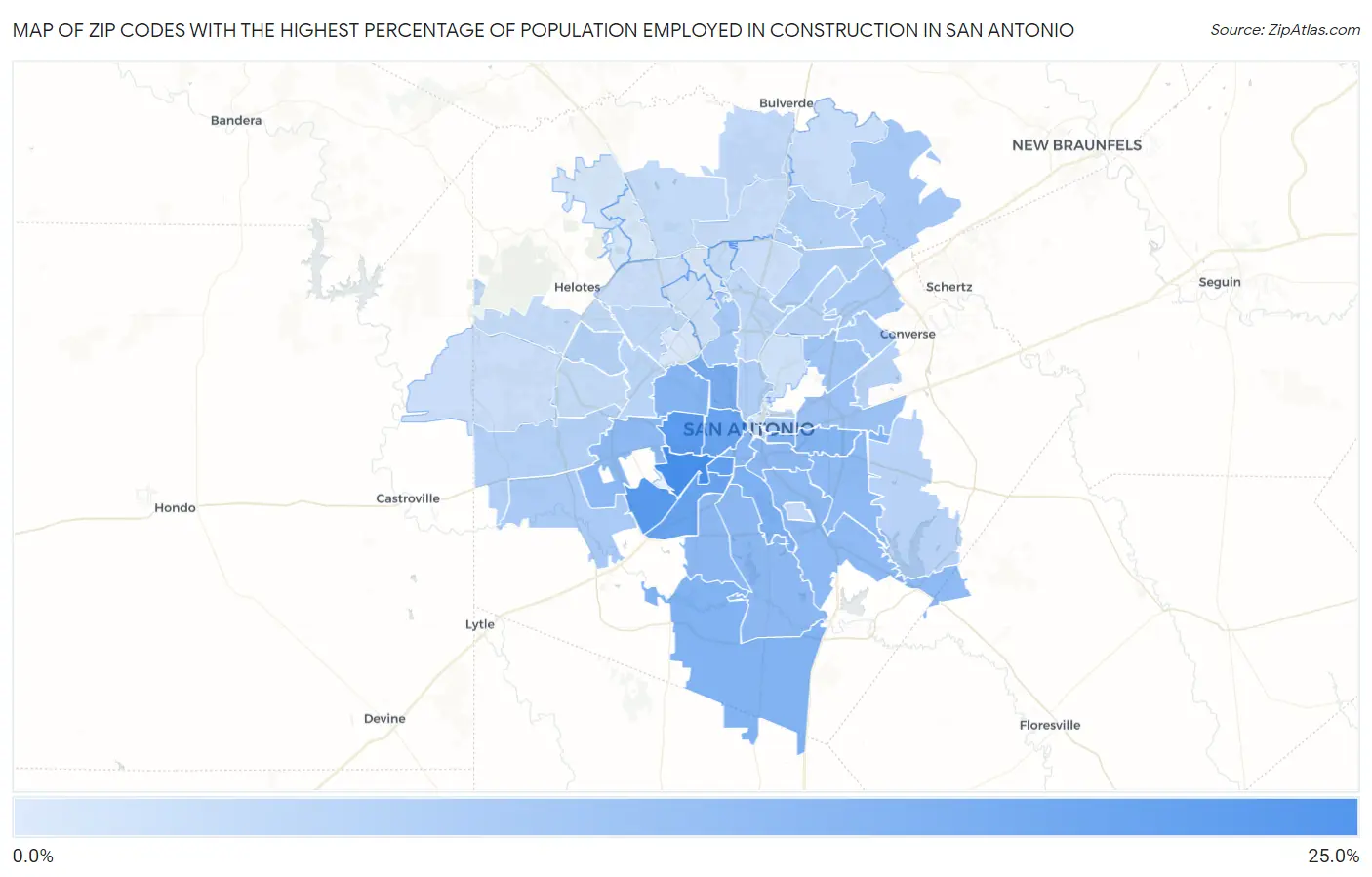 Zip Codes with the Highest Percentage of Population Employed in Construction in San Antonio Map