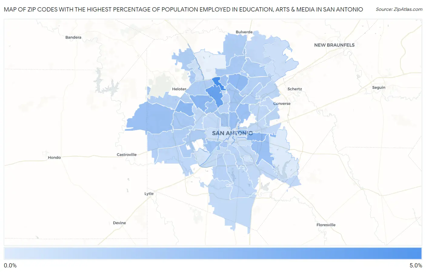 Zip Codes with the Highest Percentage of Population Employed in Education, Arts & Media in San Antonio Map