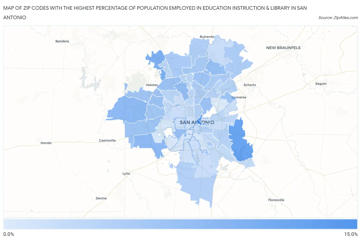 Zip Codes with the Highest Percentage of Population Employed in Education Instruction & Library in San Antonio Map