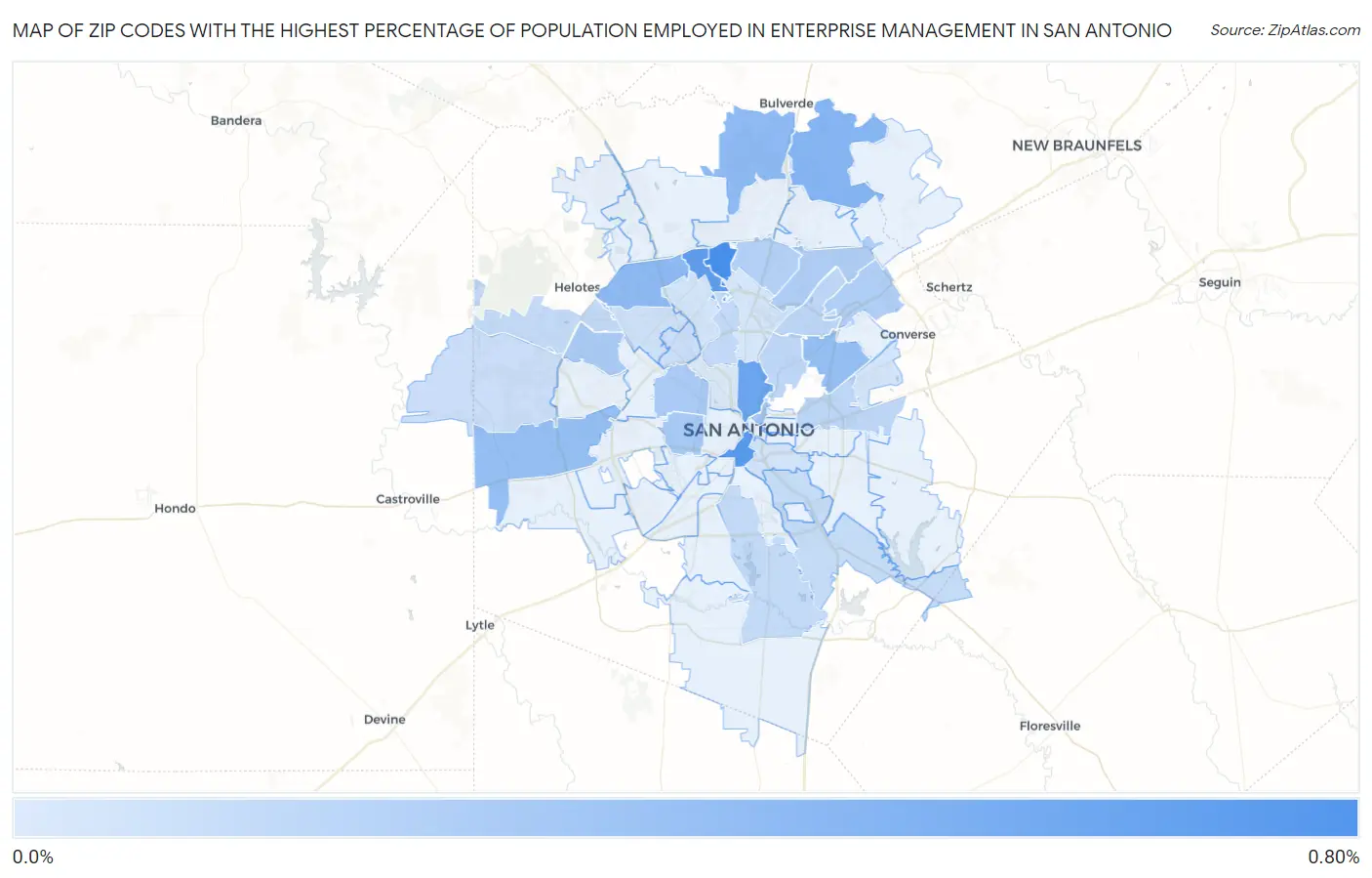 Zip Codes with the Highest Percentage of Population Employed in Enterprise Management in San Antonio Map