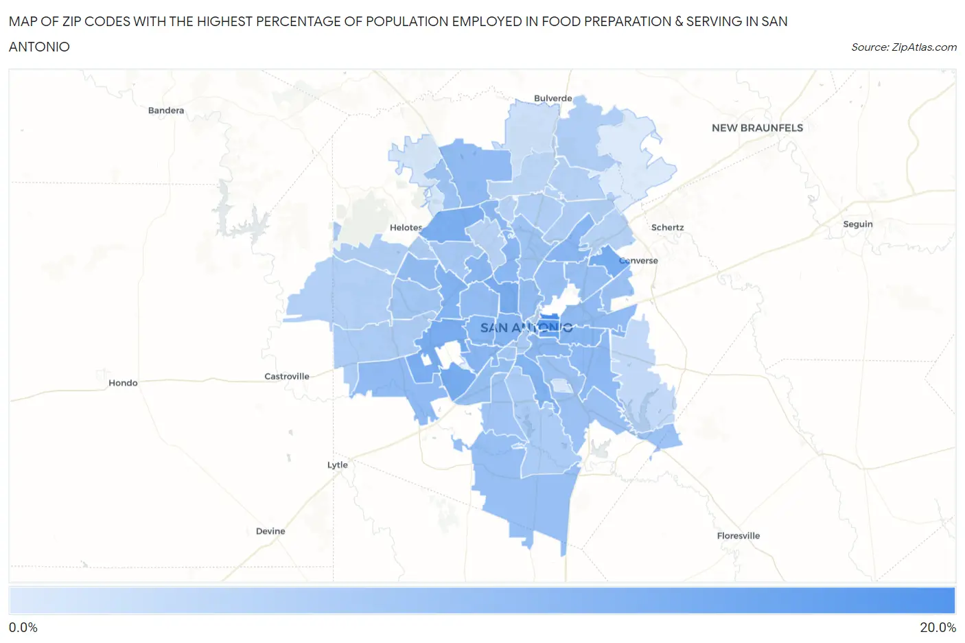 Zip Codes with the Highest Percentage of Population Employed in Food Preparation & Serving in San Antonio Map