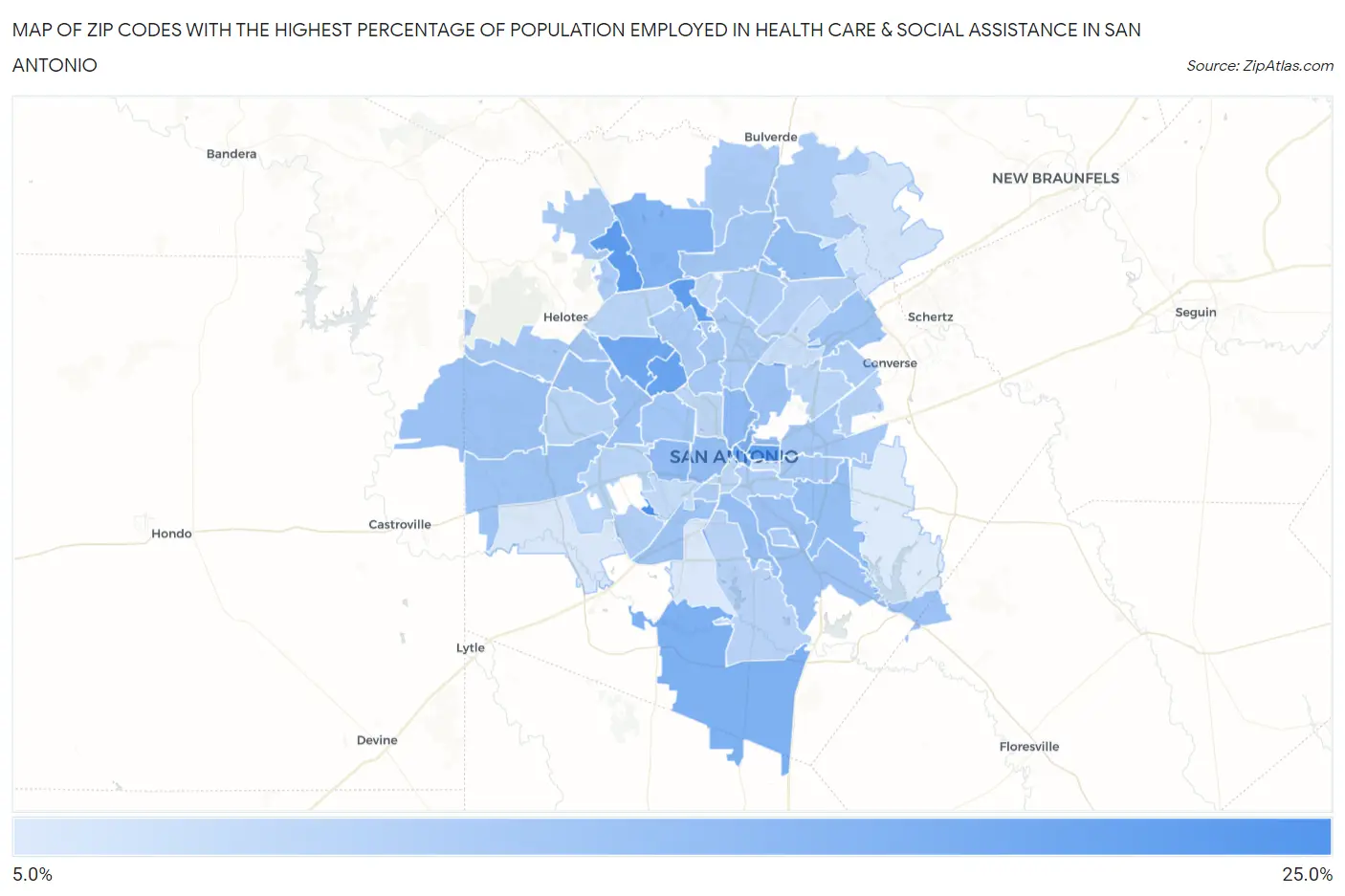 Zip Codes with the Highest Percentage of Population Employed in Health Care & Social Assistance in San Antonio Map