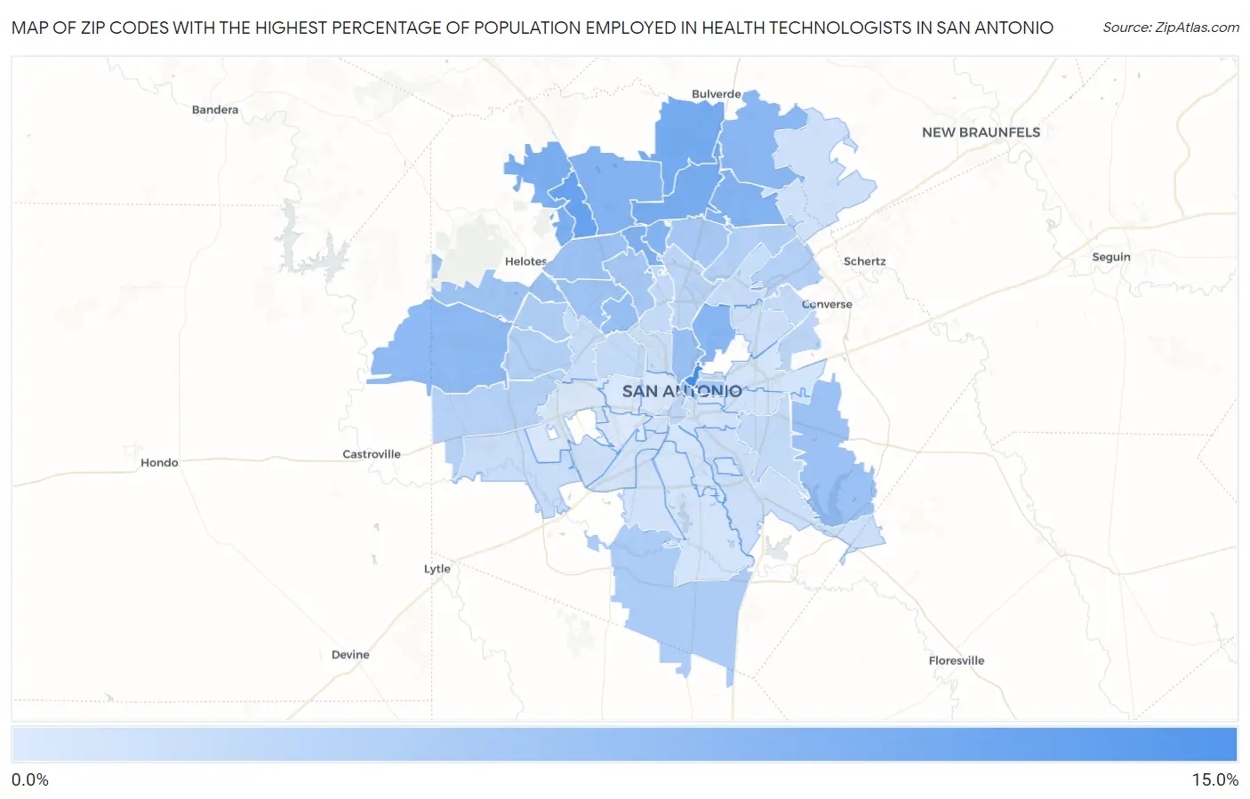 Zip Codes with the Highest Percentage of Population Employed in Health Technologists in San Antonio Map