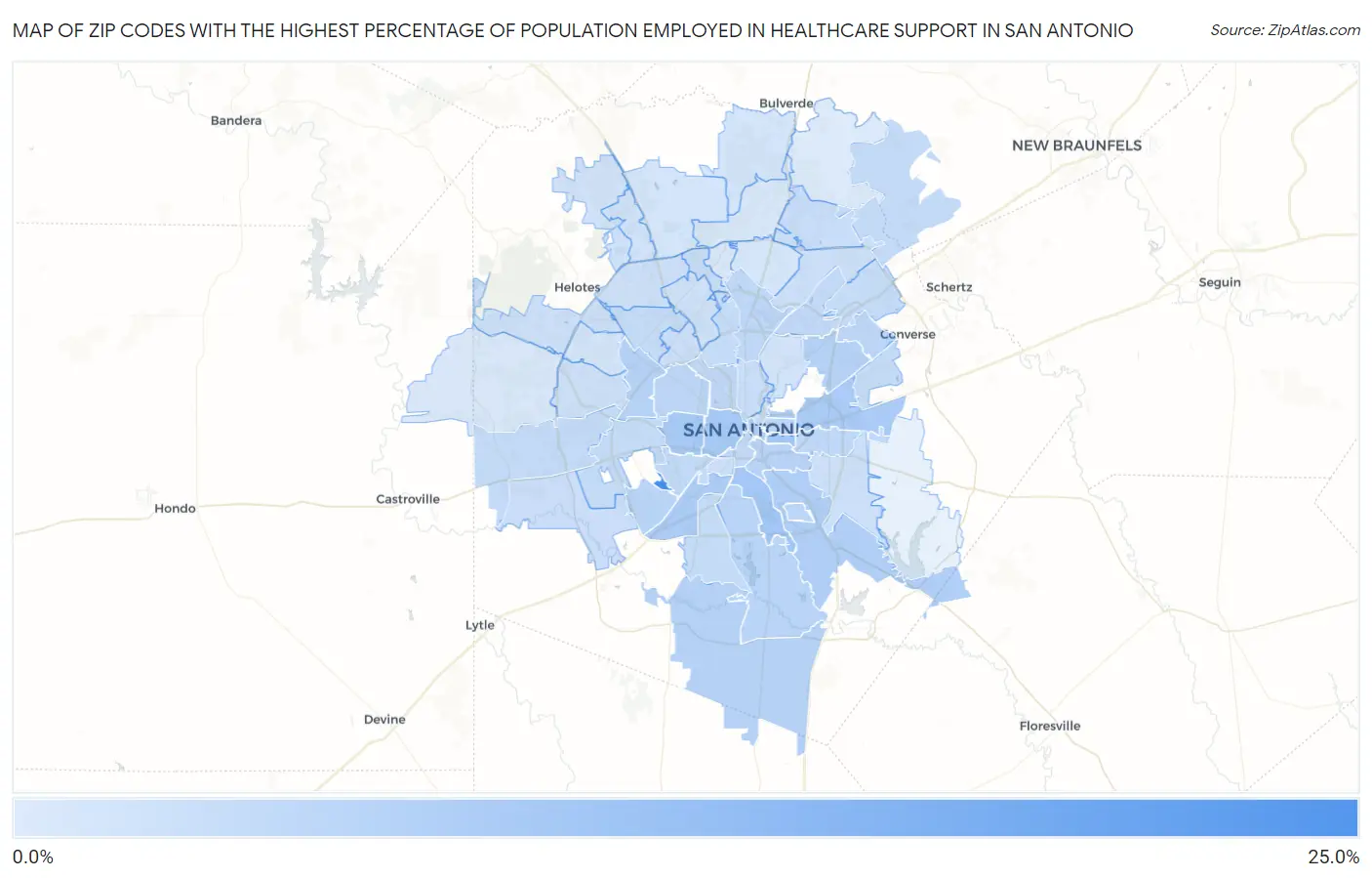 Zip Codes with the Highest Percentage of Population Employed in Healthcare Support in San Antonio Map