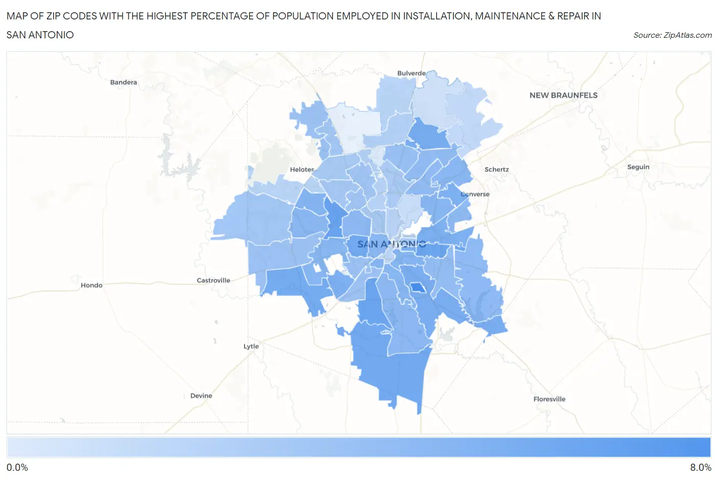 Zip Codes with the Highest Percentage of Population Employed in Installation, Maintenance & Repair in San Antonio Map