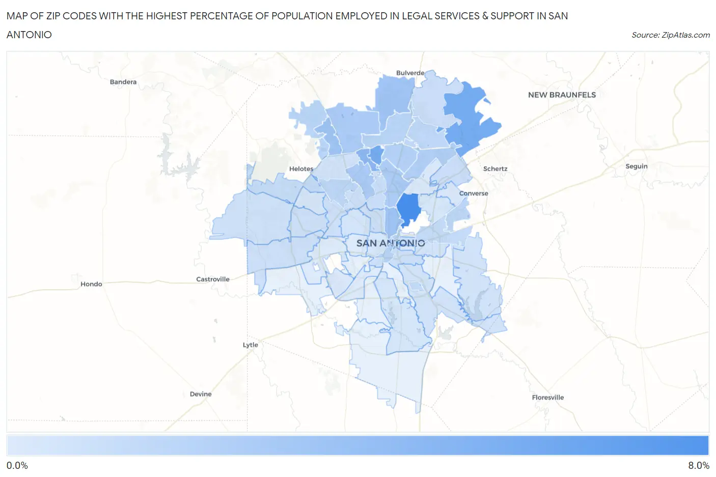 Zip Codes with the Highest Percentage of Population Employed in Legal Services & Support in San Antonio Map
