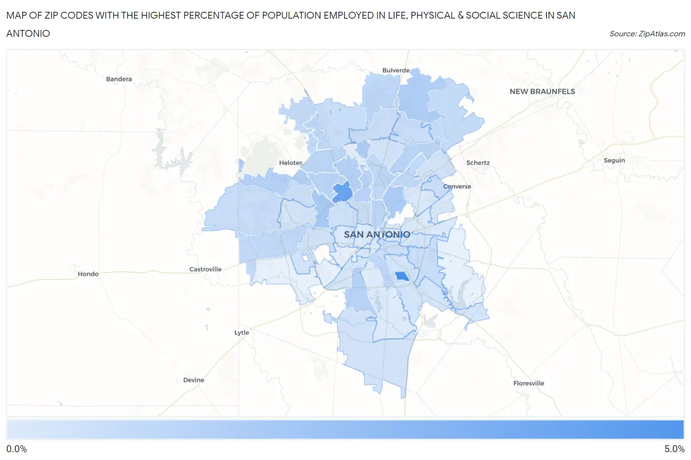 Zip Codes with the Highest Percentage of Population Employed in Life, Physical & Social Science in San Antonio Map