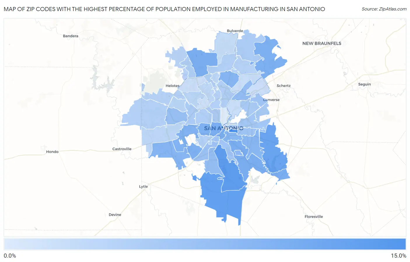 Zip Codes with the Highest Percentage of Population Employed in Manufacturing in San Antonio Map