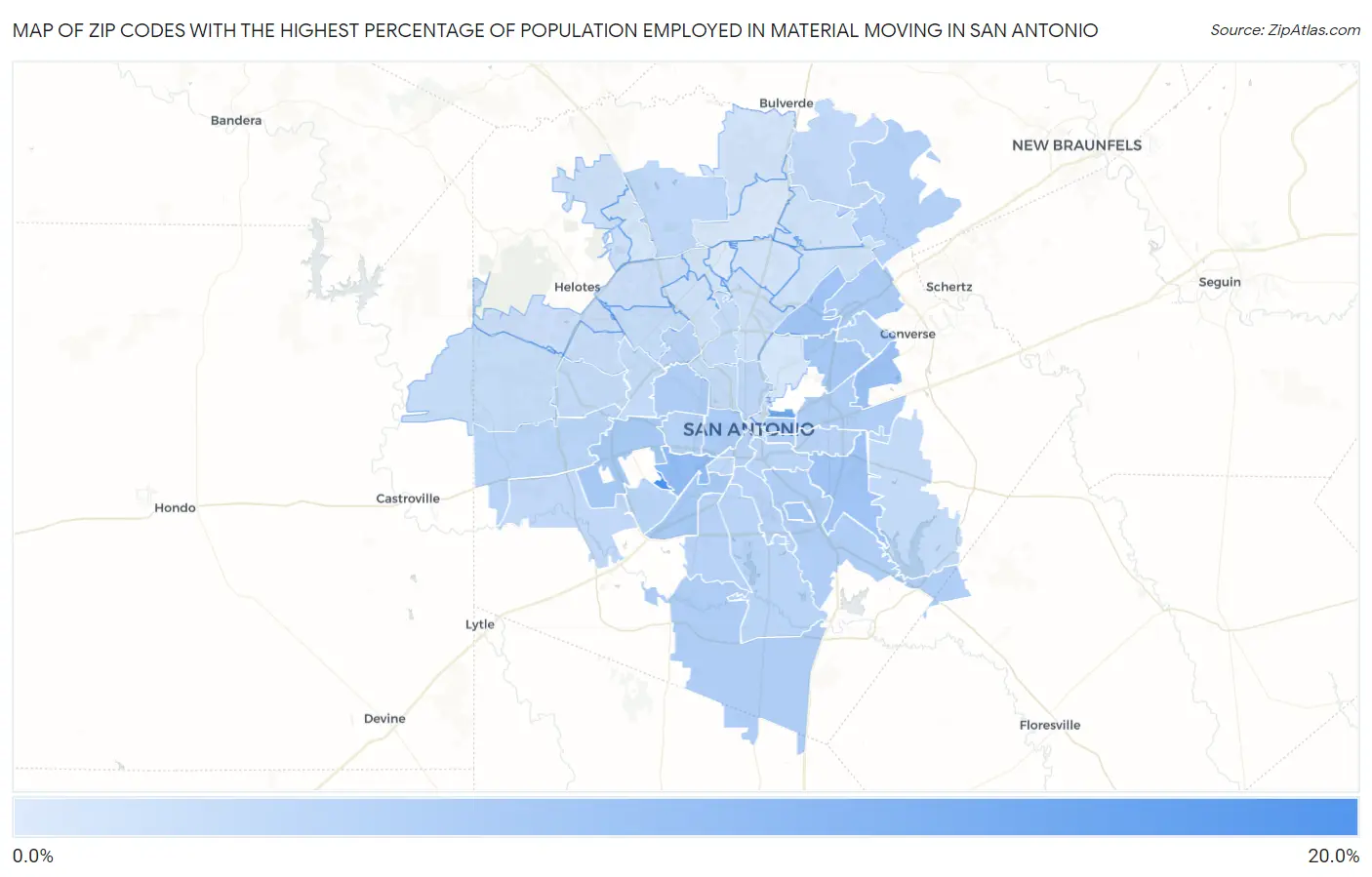 Zip Codes with the Highest Percentage of Population Employed in Material Moving in San Antonio Map