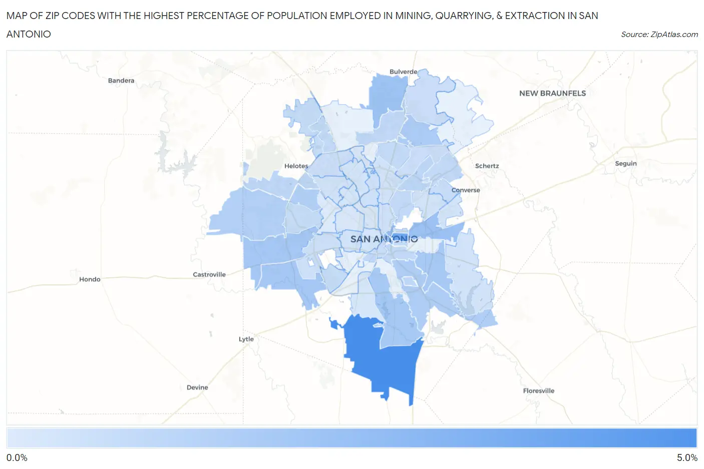 Zip Codes with the Highest Percentage of Population Employed in Mining, Quarrying, & Extraction in San Antonio Map