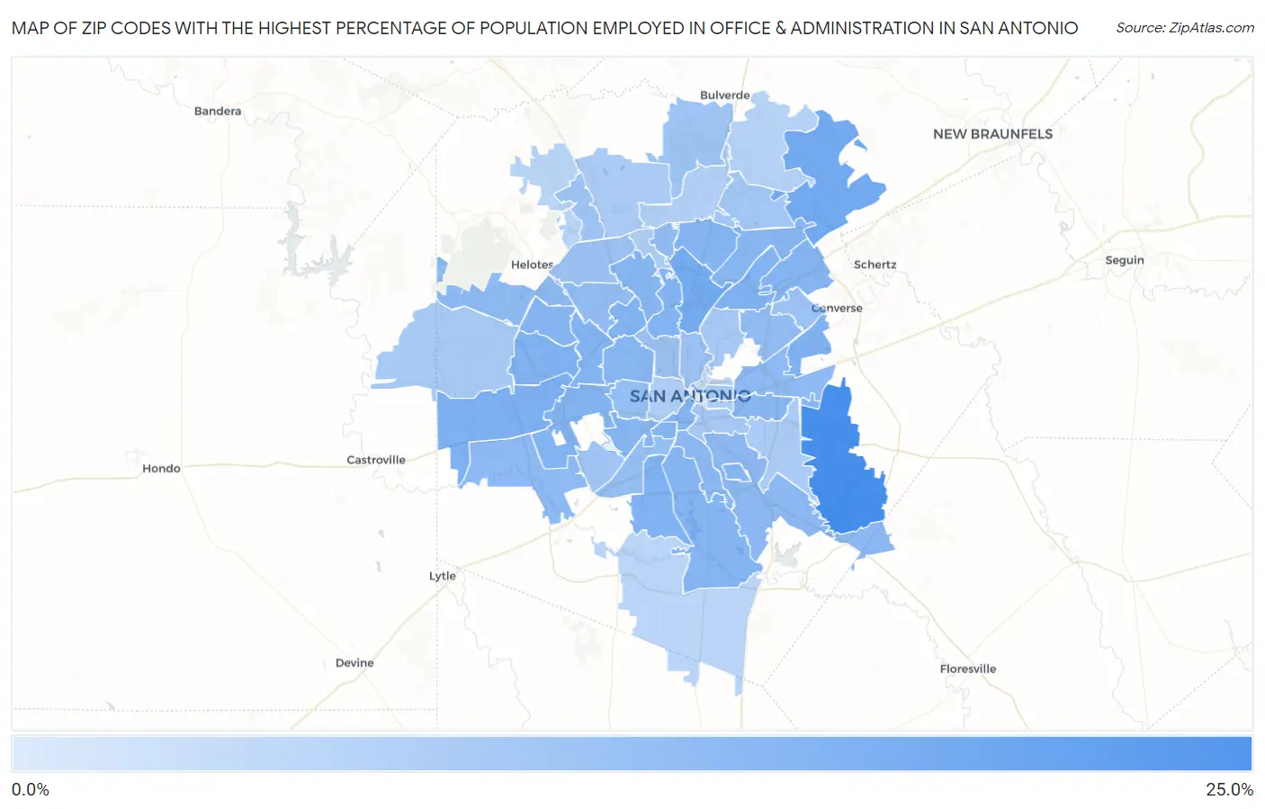Zip Codes with the Highest Percentage of Population Employed in Office & Administration in San Antonio Map