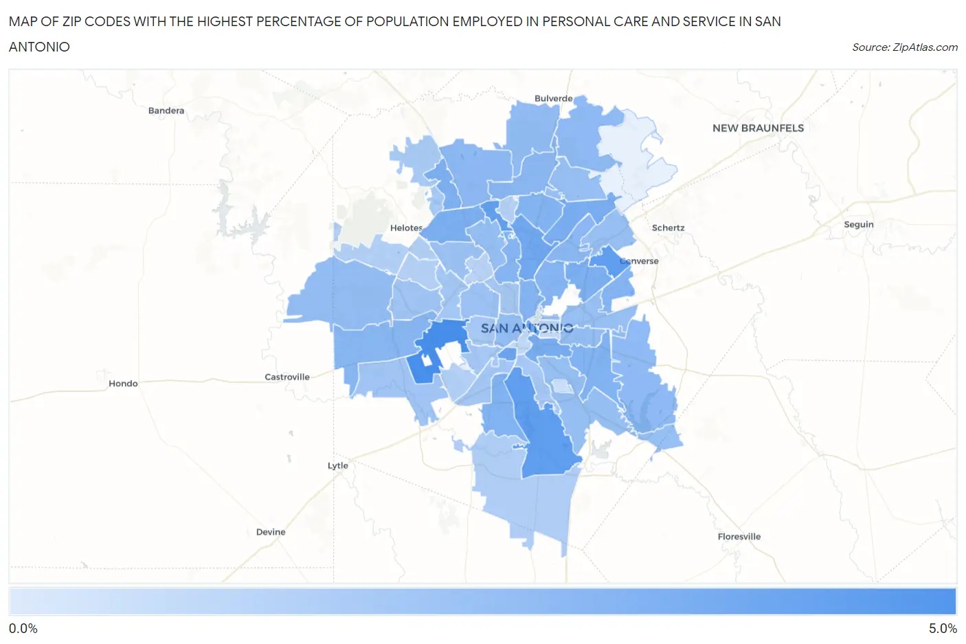 Zip Codes with the Highest Percentage of Population Employed in Personal Care and Service in San Antonio Map