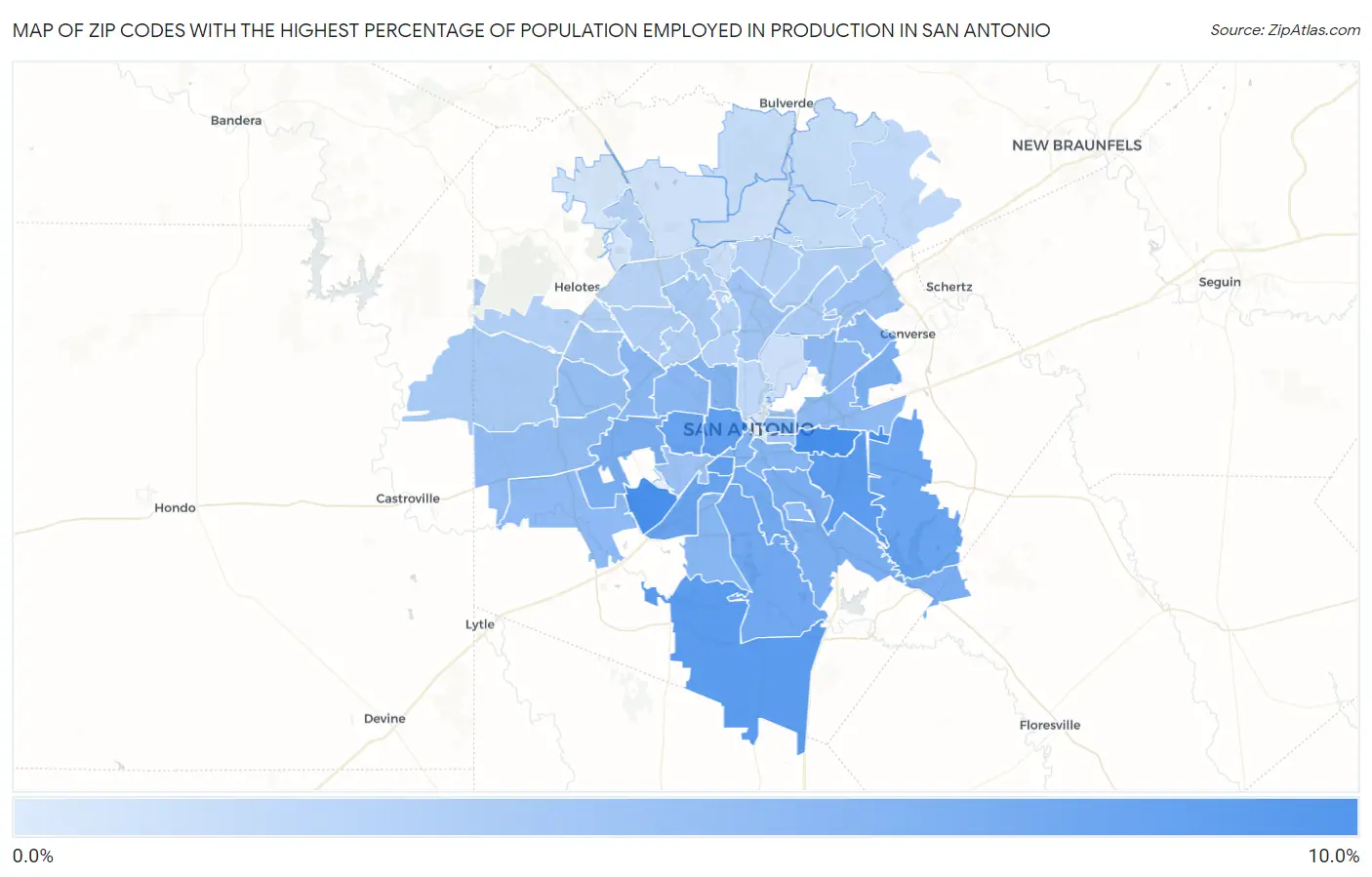 Zip Codes with the Highest Percentage of Population Employed in Production in San Antonio Map