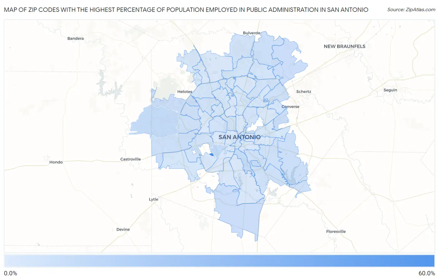 Zip Codes with the Highest Percentage of Population Employed in Public Administration in San Antonio Map