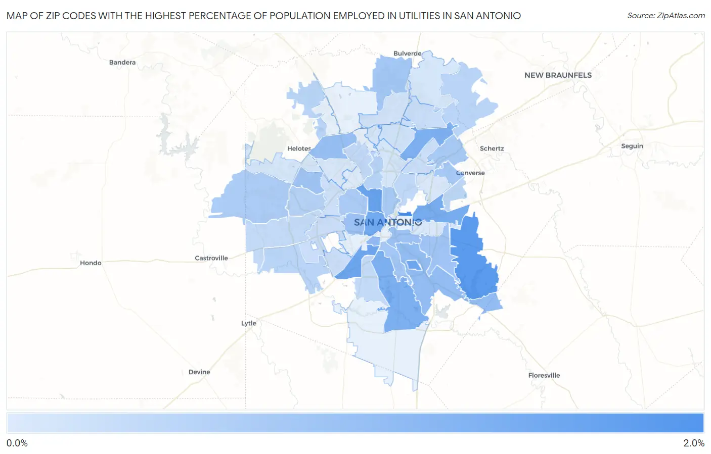 Zip Codes with the Highest Percentage of Population Employed in Utilities in San Antonio Map