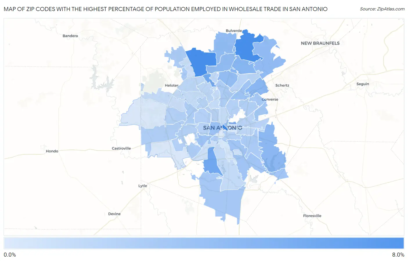 Zip Codes with the Highest Percentage of Population Employed in Wholesale Trade in San Antonio Map