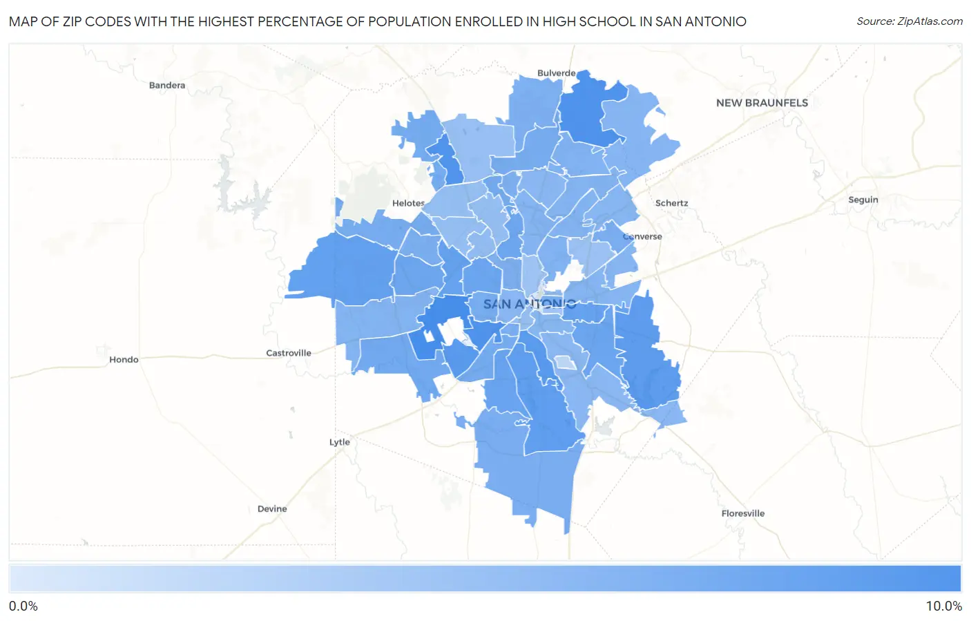 Zip Codes with the Highest Percentage of Population Enrolled in High School in San Antonio Map