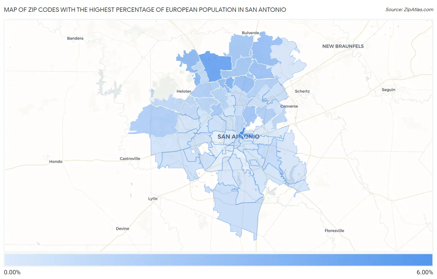 Zip Codes with the Highest Percentage of European Population in San Antonio Map