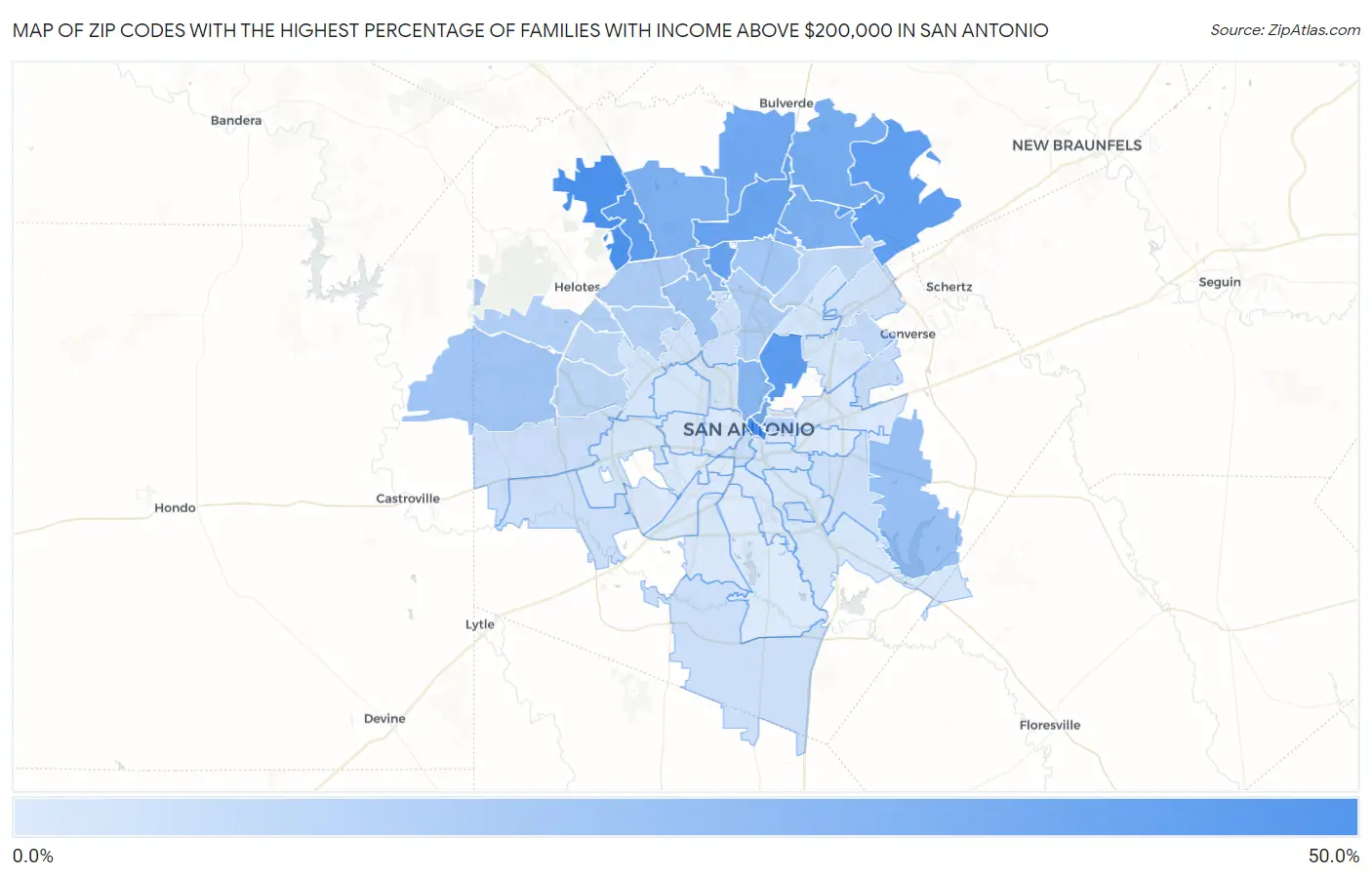 Zip Codes with the Highest Percentage of Families with Income Above $200,000 in San Antonio Map