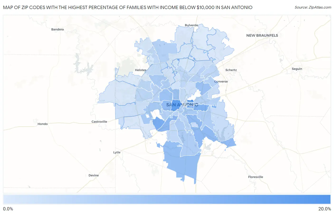 Zip Codes with the Highest Percentage of Families with Income Below $10,000 in San Antonio Map