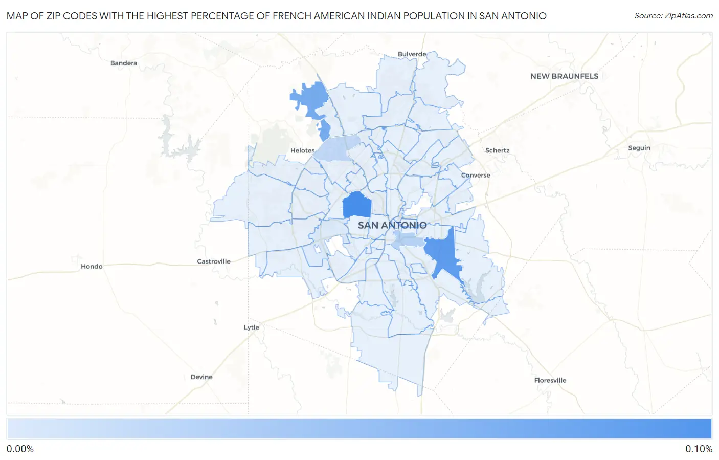 Zip Codes with the Highest Percentage of French American Indian Population in San Antonio Map