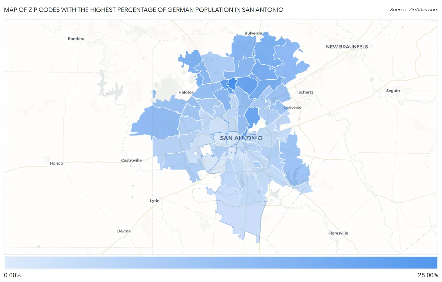 Zip Codes with the Highest Percentage of German Population in San Antonio Map