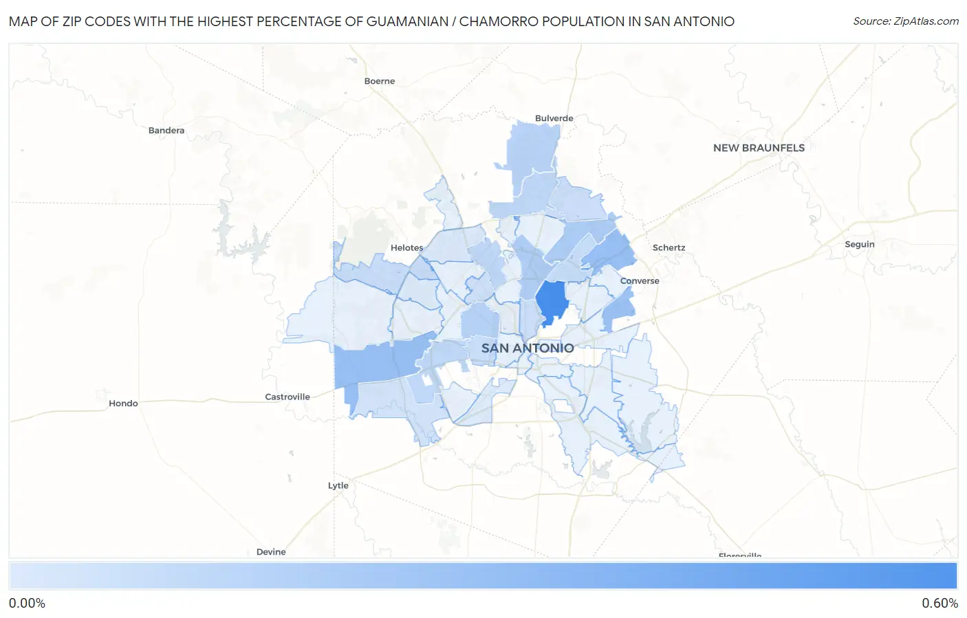 Zip Codes with the Highest Percentage of Guamanian / Chamorro Population in San Antonio Map