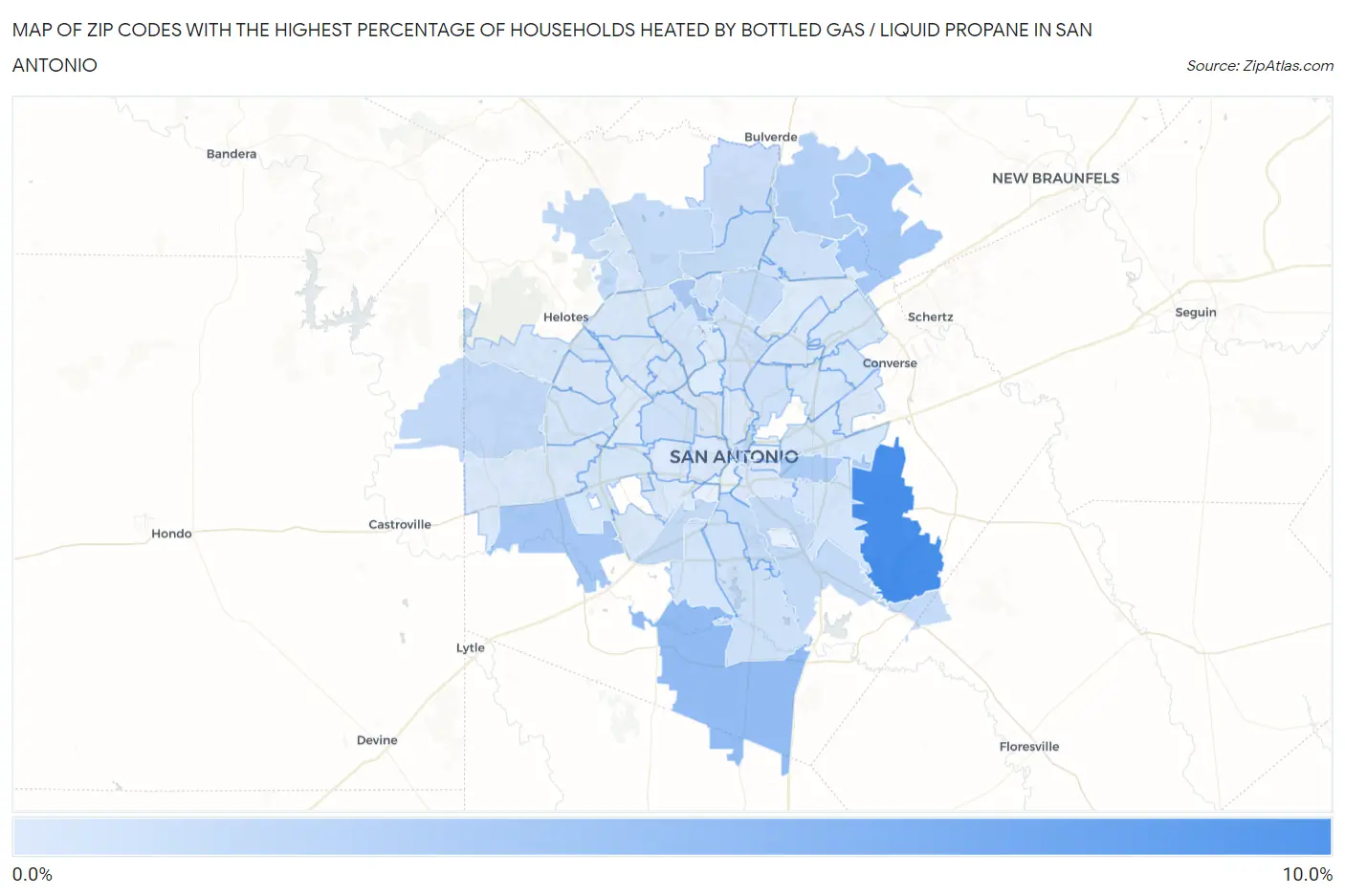Zip Codes with the Highest Percentage of Households Heated by Bottled Gas / Liquid Propane in San Antonio Map