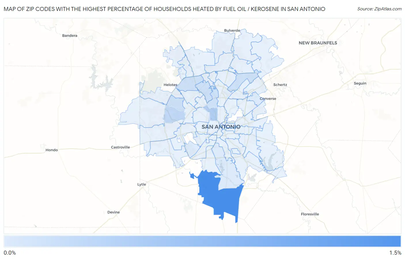 Zip Codes with the Highest Percentage of Households Heated by Fuel Oil / Kerosene in San Antonio Map