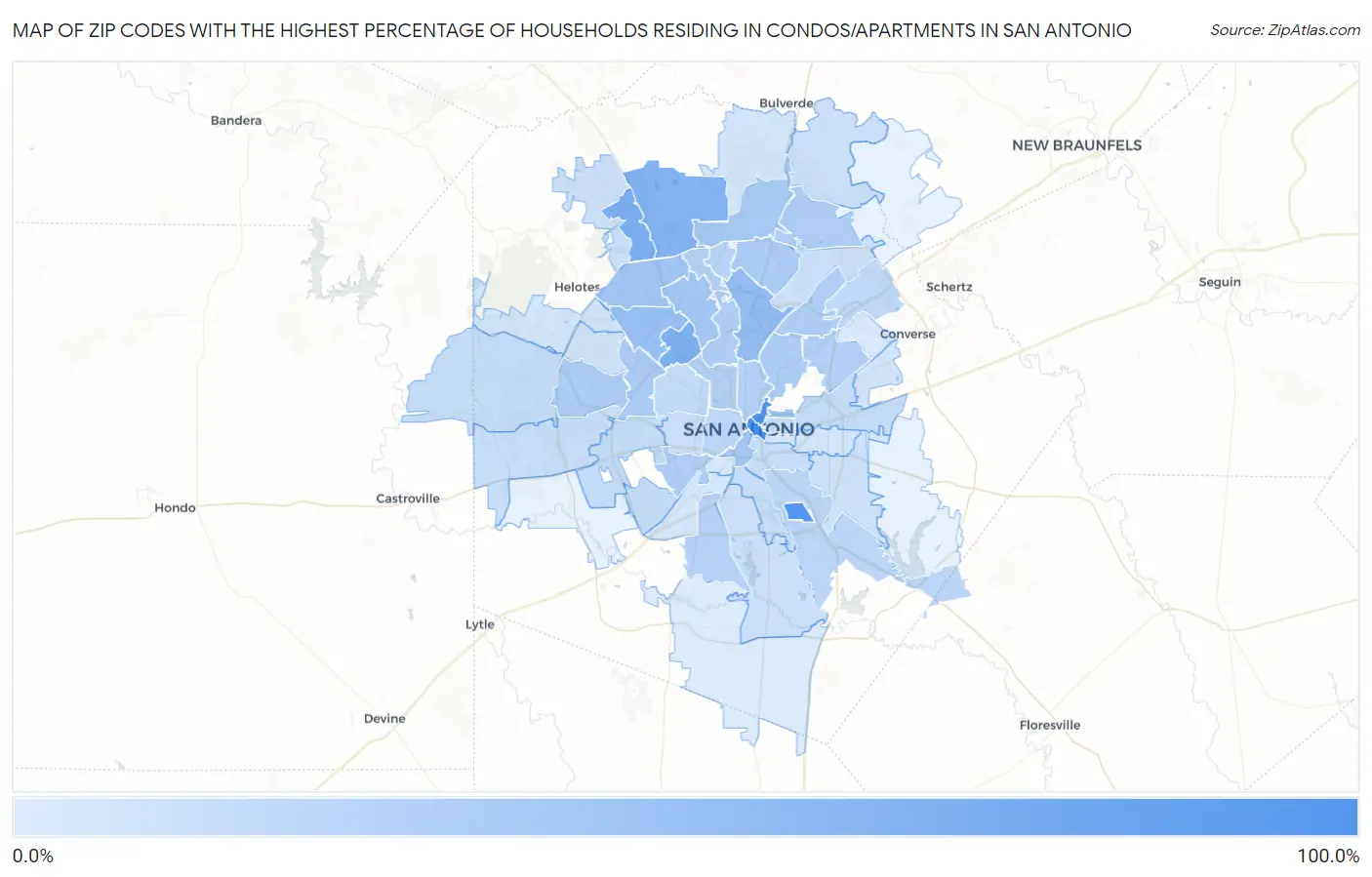 Zip Codes with the Highest Percentage of Households Residing in Condos/Apartments in San Antonio Map
