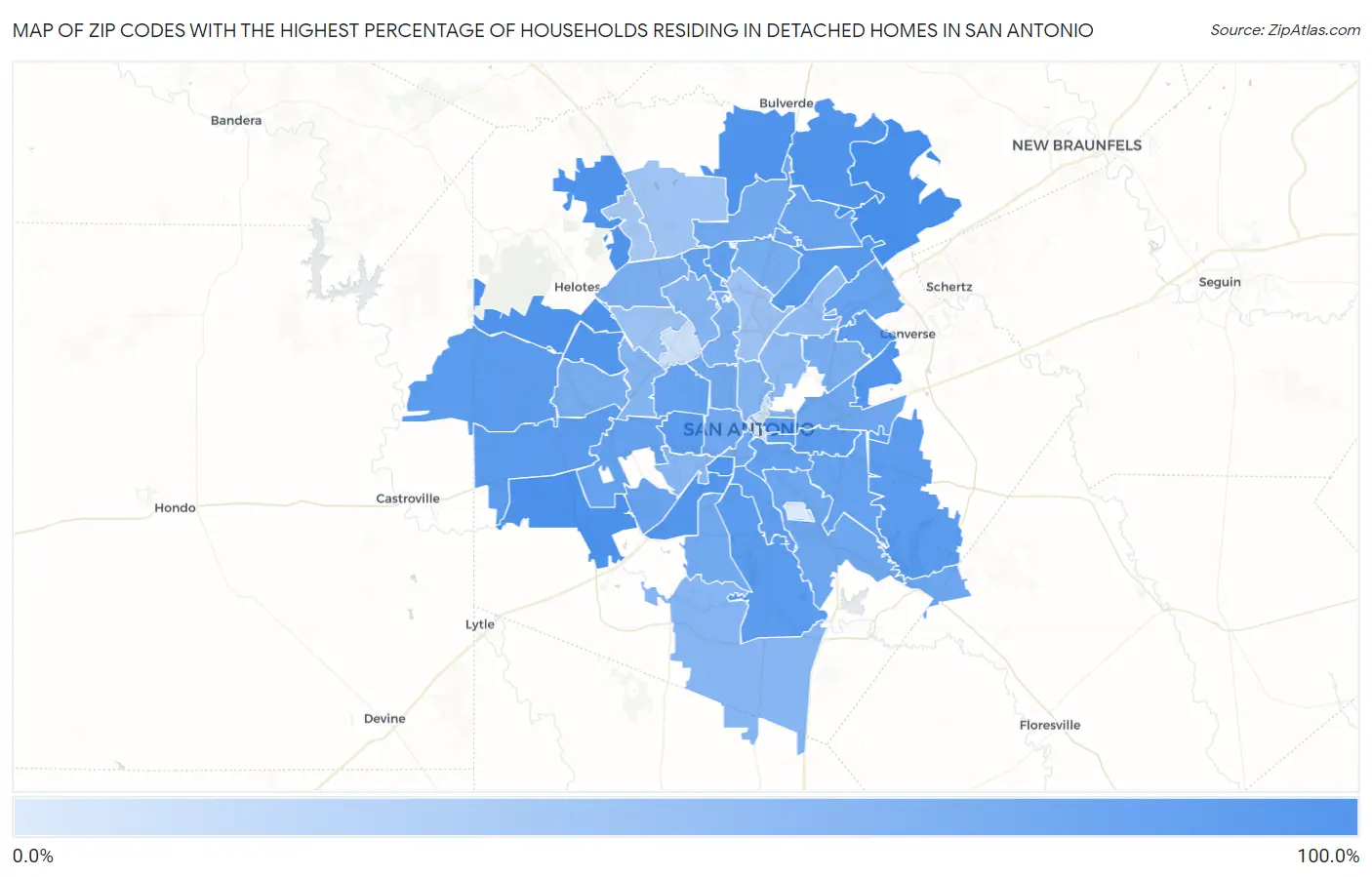 Zip Codes with the Highest Percentage of Households Residing in Detached Homes in San Antonio Map