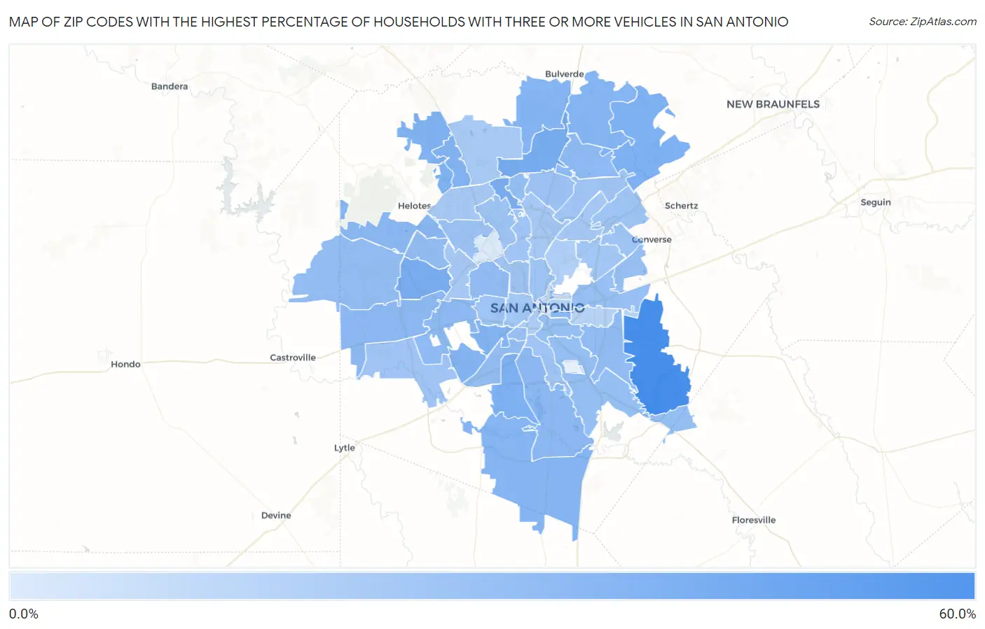 Zip Codes with the Highest Percentage of Households With Three or more Vehicles in San Antonio Map