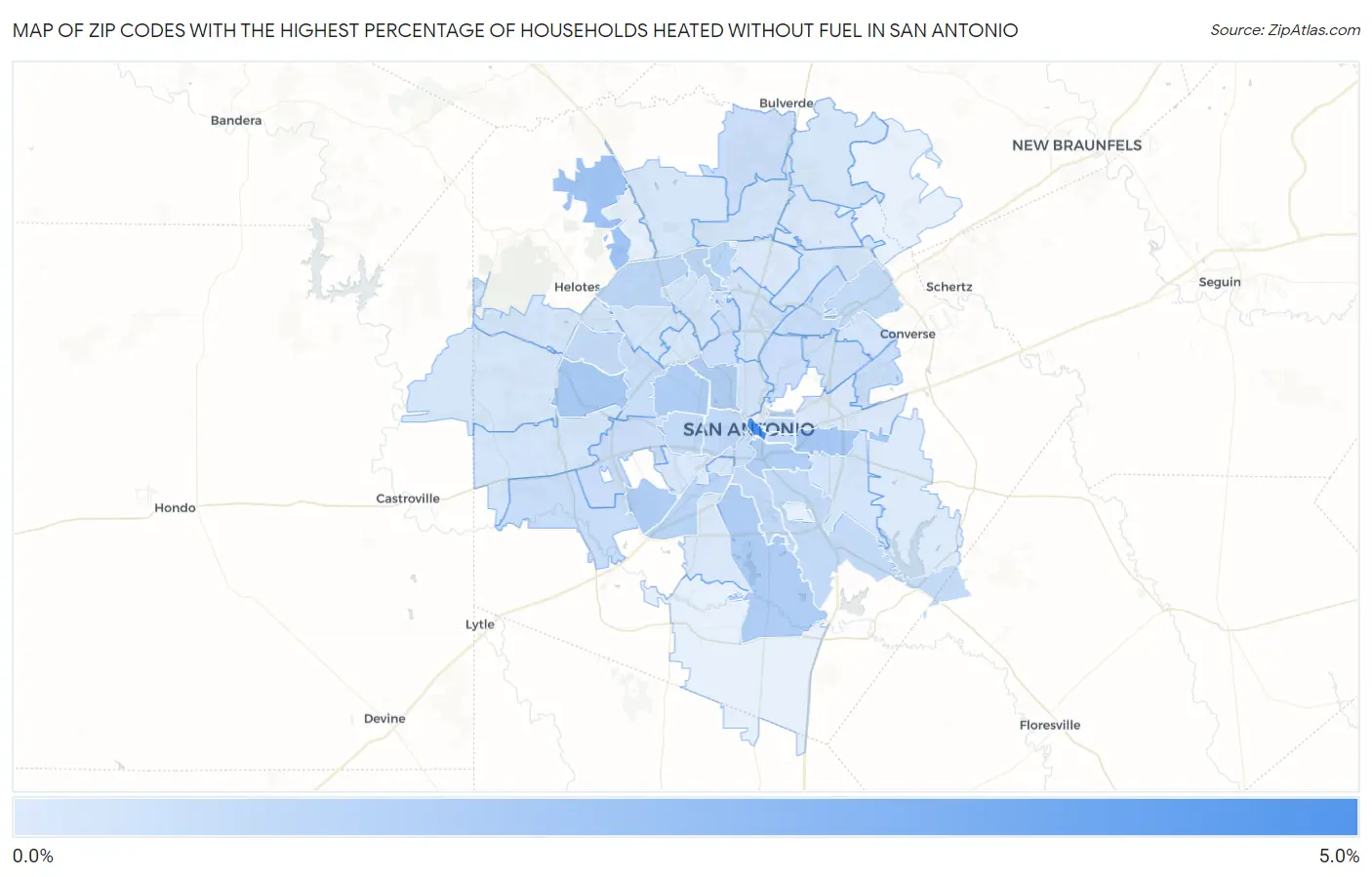 Zip Codes with the Highest Percentage of Households Heated without Fuel in San Antonio Map