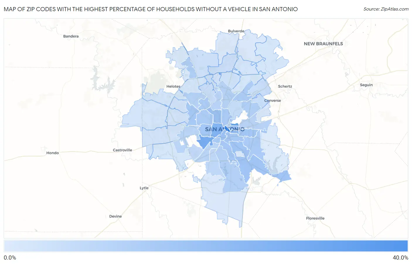 Zip Codes with the Highest Percentage of Households Without a Vehicle in San Antonio Map